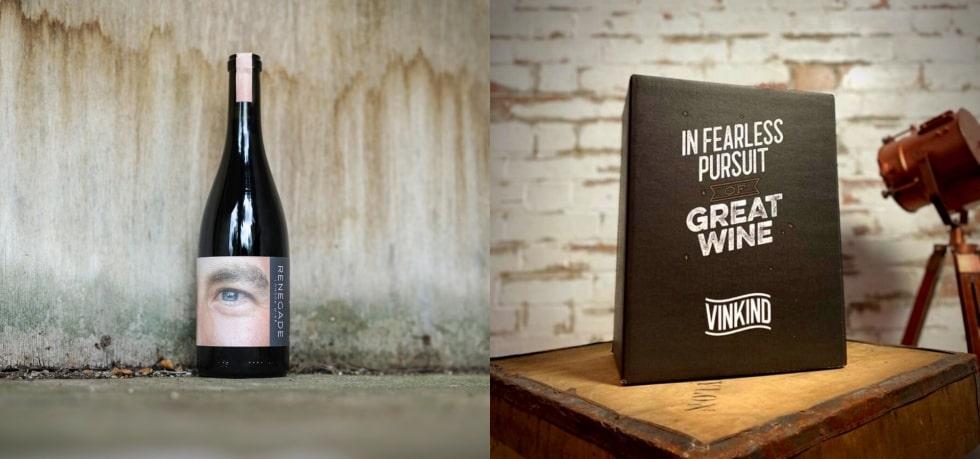 A bottle of Vinkind-stocked wine beside a Vinkind wine box